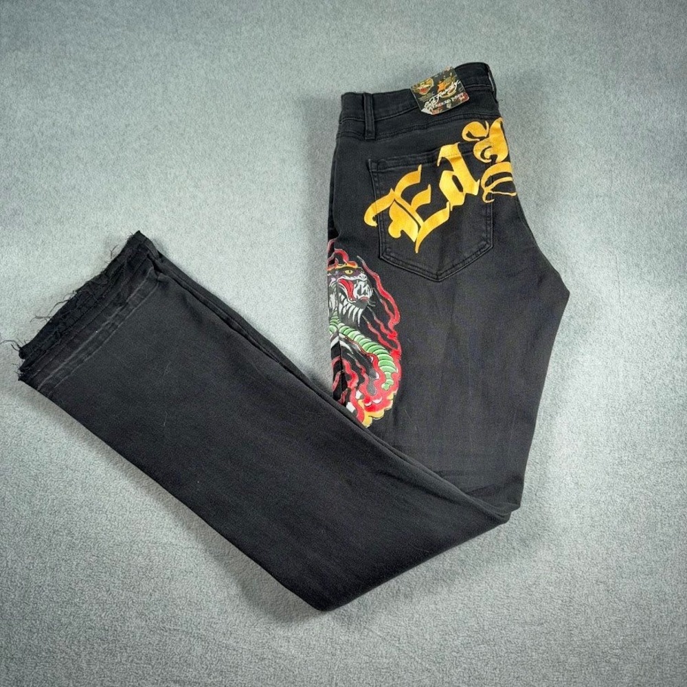Ed Hardy Stacked Boot Jeans Mens 34 Black Faded NWT Tiger Snake Tattoo Graphic